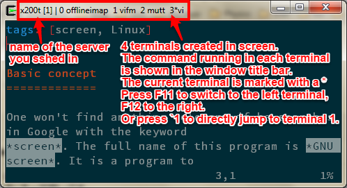 GNU screen with running commands shown in window title
bar