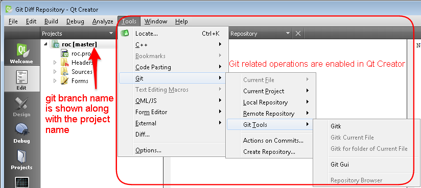 git operations enabled in Qt
Creator