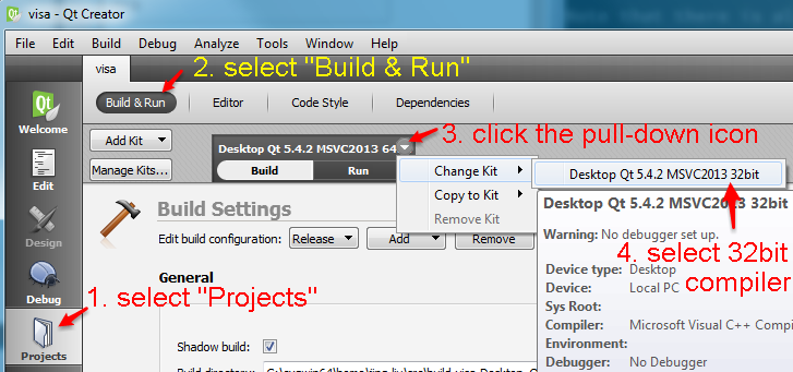 select 32 bit compiler in Qt
Creator