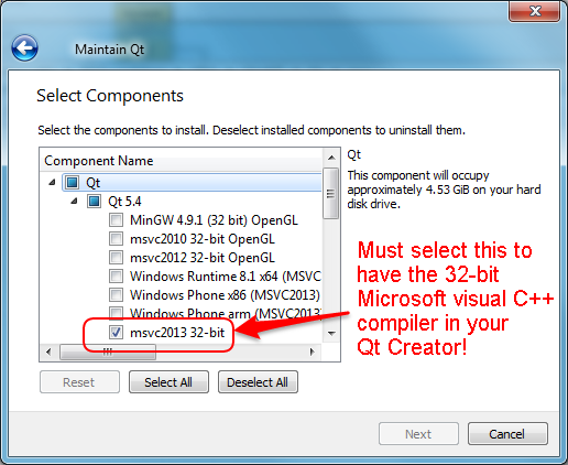 enable 32-bit msvc compiler in
Qt