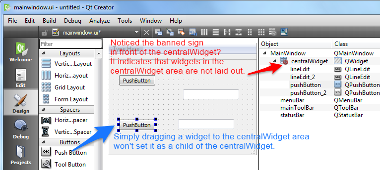 widgets dragged to centralWidget area need to be laid
out