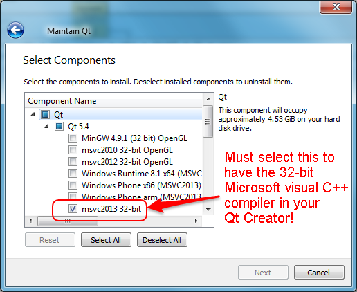enable 32-bit msvc compiler in 
Qt